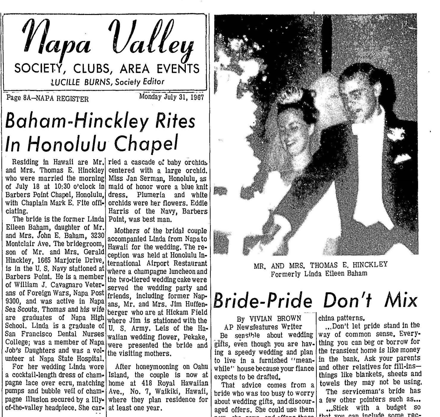 Napa newlyweds from 1967